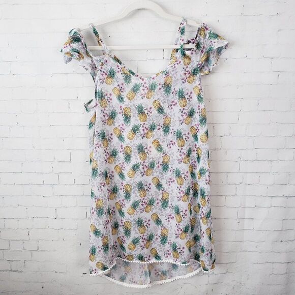 Miken Swim Flutter Sleeve Off Shoulder Beach Cover Up Sz S Pineapple Semi Sheer - Picture 2 of 10